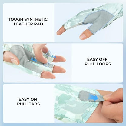KastKing Agies Fishing Gloves Men, UPF 50+ Sun Gloves UV Protection, Cooling Quick-Dry 3/4 Fingerless Gloves with Extended Cuff, Microfiber Palm & Pull Tabs, for Fishing, Kayaking, Hiking, Hunting - color: X Camo-Pale Blue, size: Large-X-Large