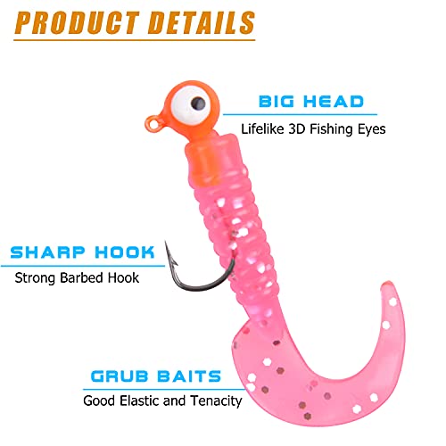 Grub Fishing Lures Jig Heads Hooks Kit, Crappie Lures Tube Baits Soft Worms Grub Tail Crappie Jigs for Bass Trout Bluegill Panfish Fishing 17-140pcs - color: 17pcs/kit