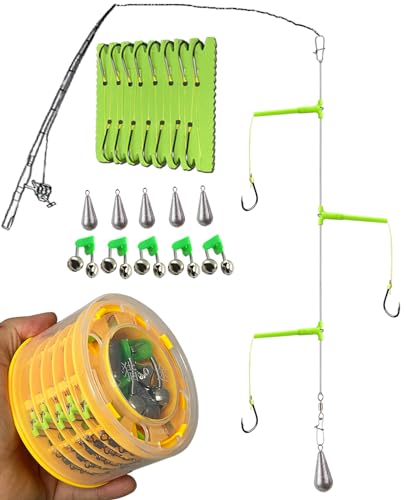 Abrasion Resistant Braided Fishing Lines with 3 Hooks and Stainless Steel Snap Connect, Anti-Tangle Tandem Fishing Hooks with Organizer, 5 Sets of Hooks with Storage Box
