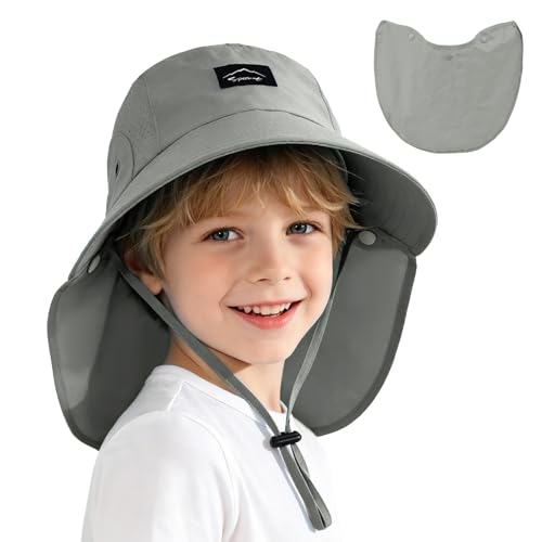 Kids Sun Hat with Detachable Neck Flap for Boys & Girls Wide Brim Fishing Hat for Kids Water Resistant UV Protection - color: 1 Pack-dark Gray