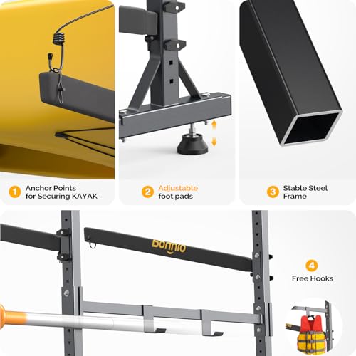 Bonnlo Kayak Storage Rack, Adjustable Heavy Duty Kayak Rack for Kayaks Paddle Boards, Kayak Paddle Holder for Garage, Spacesaver, Gentle on Padding, Boat Organizer - style: 4 Kayaks, Free Standing