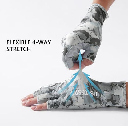 BASSDASH 3/4 Finger UPF 50+ Sun Gloves Breathable Anti-Slip Silicone Palm for Men Women Fishing Fingerless Cycling Running - color: Grey Abstract Camo, size: Small
