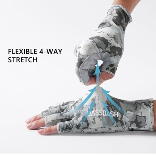 BASSDASH 3/4 Finger UPF 50+ Sun Gloves Breathable Anti-Slip Silicone Palm for Men Women Fishing Fingerless Cycling Running - color: Grey Abstract Camo, size: Medium
