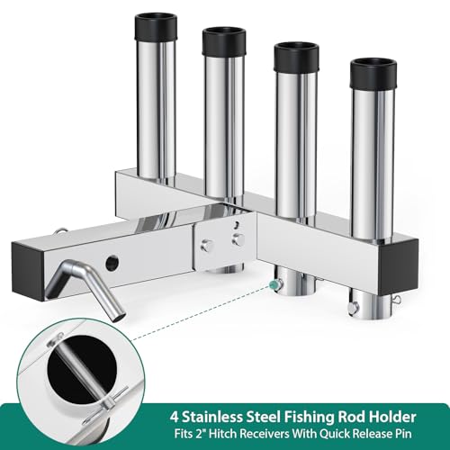 Hitch Mount Fishing Rod Holder, Stainless Steel 4-Rod Rack for 2" Receiver - color: Silver