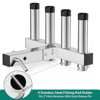 Hitch Mount Fishing Rod Holder, Stainless Steel 4-Rod Rack for 2" Receiver - color: Silver