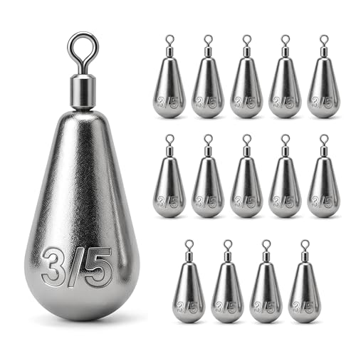 Drop Shot Fishing Weights with Rolling Swivel Streamlined Lead Fishing Sinkers for Freshwater Saltwater Catfish Bass Casting Fishing and Bottom Fishing Rigs - size: 3/5oz-14pcs-teardrop1