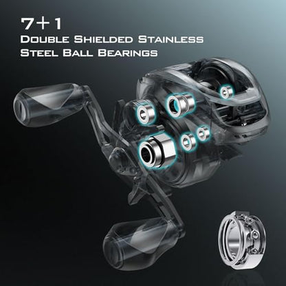 KastKing Zephyr Baitcasting Fishing Reel, Halo XII Magnetic Braking System Baitcaster Reel, 7+1 Double Shielded Stainless Steel BB, 7.2:1 High-Speed Gear Ratio, 18lb Triple Disc Carbon Fiber Drag - color: A:Right Handed-Black-7.2:1