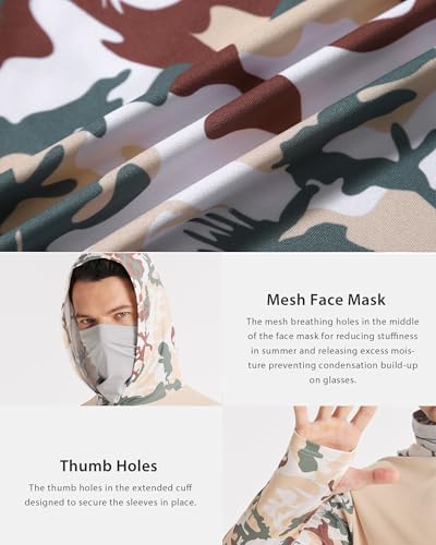 FISHEAL Men's Performance Fishing Hoodie Shirt - UPF 50+ UV Sun Protection Long Sleeve Shirts with Mesh Face Mask - color: Desert Sand Camo, size: Medium