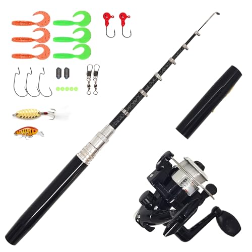 Portable Small Pen Fishing Rod Spinning Reel Combos, 38" 55" Compact Telescopic Fish Pole Kits for All Season Fishing in Rivers, Lakes, Ice, etc. - color: Black - Full Kits, size: 55inches / 140cm