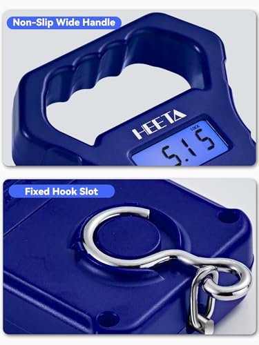 HEETA Fish Scale, 110lb/50kg Digital Portable Hanging Fishing Weight Scale with Backlit LCD Display, Luggage Scale with Hook, Non-Slip Large ABS Handle & 2 AAA Batteries, Fishing Gifts Gear for Men - color: Blue
