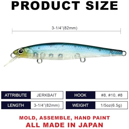 LUCKY CRAFT SW Slender Pointer 82MR S Saltwater Fishing Lures, Jerkbait Fishing Bait, 3.2", Bass Lures for Snook Redfish Trout, Fishing Gear and Accessories with Treble Hooks - color: 726 Laser Ghost Sardine