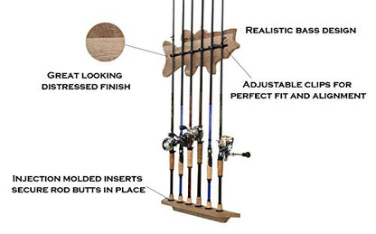 Old Cedar Outfitters Fish-Shaped, Vertical Wall Rod Rack for Fishing Rod Storage - color: Distressed,Bass