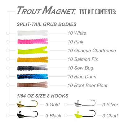 Trout Magnet TNT Kit – 82-Piece Set with 70 Soft Plastic Bodies & 12 Jig Heads – Top 7 Hot Colors – Includes 1/64oz Shad-Dart Heads in Gold, Black, Silver & Chartreuse – Ultimate Trout Fishing Lure
