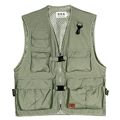 Unisex Breathable Fishing Vest, Multi-Pockets Photography Travel Hunting Waistcoat Jacket for Adults and Youth - color: Green, size: 3X-Large