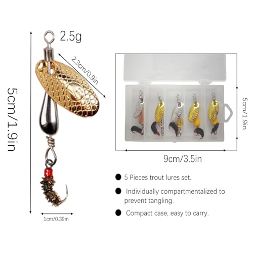 Trout Spinners, Rooster Tail Fishing Lures, Fly Trout Fishing Gear for Lake River Fishing with Storage Box for Bass Salmon, Smallmouth Bass Lures - color: 5 Pcs 1/16 oz