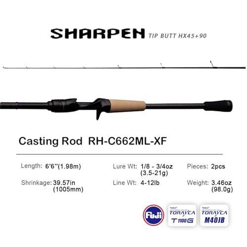 PURELURE Sharpen Fishing Rod 6'5'' - 9'2'' Spinning & Bait Casting Rod, M40JB+T1100G Carbon Fiber Blank, XF/MF Action Fishing Pole 2 Piece, Carbon Reel Seat Cork and EVA Handle, Fuji Guides - style: Casting: C662ml-xf-2pcs