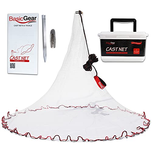 BasicGear Cast Net | Lead, 3ft-12ft Radius, 3/8 or 1/4 inch Mesh for Freshwater and Saltwater Bait Fish| Professional Grade and Upgraded Material | Throw Style - size: 4ft Radius, 3/8" Mesh
