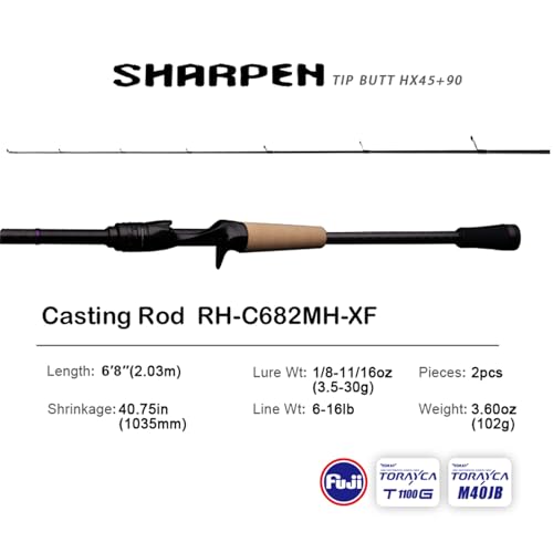 PURELURE Sharpen Fishing Rod 6'5'' - 9'2'' Spinning & Bait Casting Rod, M40JB+T1100G Carbon Fiber Blank, XF/MF Action Fishing Pole 2 Piece, Carbon Reel Seat Cork and EVA Handle, Fuji Guides - style: Casting: C682mh-xf-2pcs