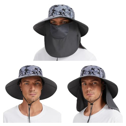 BASSDASH UPF 50+ Breathable Sun Hat with Removable Face Cover and Neck Flap Wide Brim Bucket Hat for Fishing Hiking Men Women - color: Storm Camo/Dark Grey