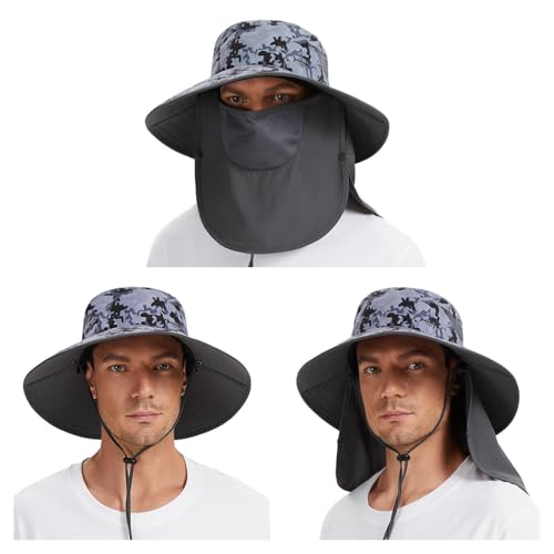 BASSDASH UPF 50+ Breathable Sun Hat with Removable Face Cover and Neck Flap Wide Brim Bucket Hat for Fishing Hiking Men Women - color: Storm Camo/Dark Grey