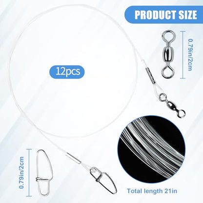 Fishing Fluorocarbon Leader with Swivel and Snaps ，Fluorocarbon Leader Connects Lures, Bait, or Connects Hooks for Saltwater & Freshwater Fishing, 12/24 Pcs