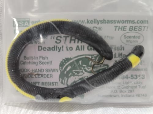 Kelly's Striper 12 Pack Anise Scented 3 Hook Pre-Rigged Worms, Plastic, 5.5 Inches, 8 Colors, Made in USA - color: Black/Yellow