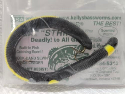 Kelly's Striper 12 Pack Anise Scented 3 Hook Pre-Rigged Worms, Plastic, 5.5 Inches, 8 Colors, Made in USA - color: Black/Yellow