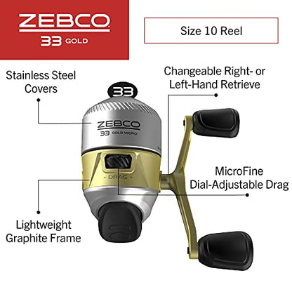 Zebco 33 Gold Spincast Fishing Reel, Changeable Right or Left-Hand Retrieve, All-Metal Gears, Pre-Spooled with Zebco Cajun Fishing Line - size: 10 (Clam Packaging), style: 33 Gold Micro (Clam Pack)