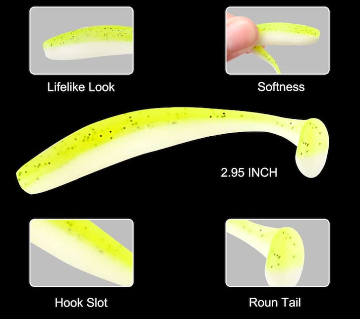 100Pack Soft Plastic Lures, T-Tail & Soft Paddle Tail Baits for Saltwater & Freshwater