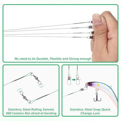 Fishing Leaders, 50 Pcs Steel High-Strength Anti-Bite Wire Leader Line Kit | Fishing Leaders with Swivels for Saltwater Freshwater, Connects Lures Bait Rigs Hooks Tackle (Green, 9.8 Inch)