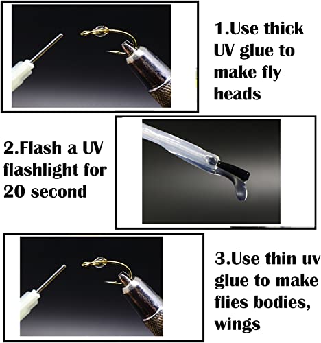 GREATFISHING Fly Tying UV Clear Glue and Power Light Combo Three Bottles Thick Thin and Soft +12 LED Light for Building Flies Heads Bodies Wings and Gluing Eyes - color: three uv glue combo
