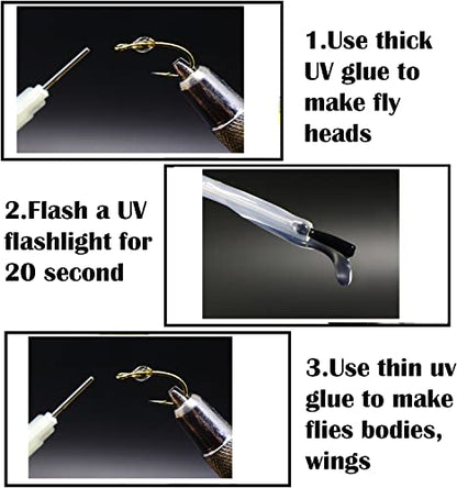 GREATFISHING Fly Tying UV Clear Glue and Power Light Combo Three Bottles Thick Thin and Soft +12 LED Light for Building Flies Heads Bodies Wings and Gluing Eyes - color: 3PC Glue with 3W 395 light