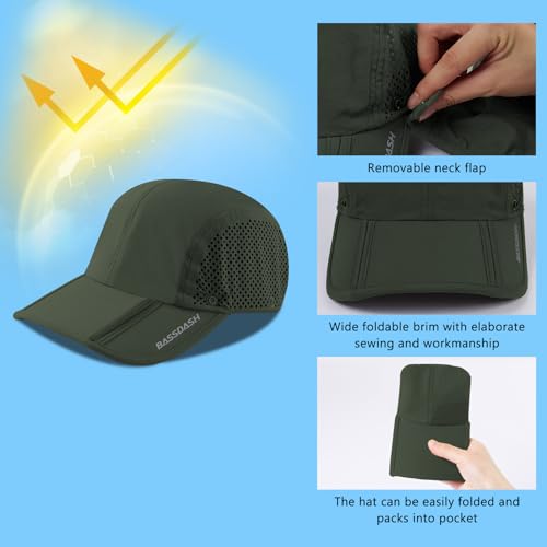 BASSDASH UPF 50+ Foldable Fishing Hat Baseball Cap with Removable Neck Flap Portable for Men Women Golf Hiking - color: Army Green With Foldable Brim