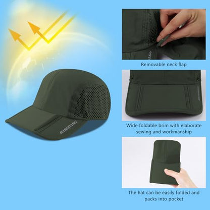 BASSDASH UPF 50+ Foldable Fishing Hat Baseball Cap with Removable Neck Flap Portable for Men Women Golf Hiking - color: Army Green With Foldable Brim