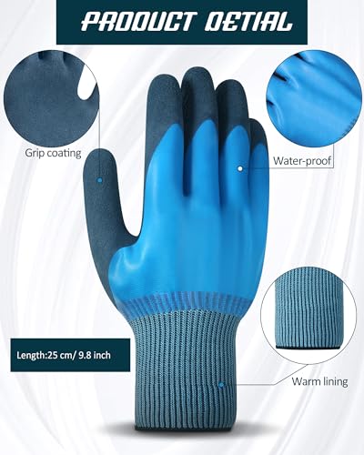 Mimorou 24 Pairs Waterproof Work Gloves Bulk for Men and Women Double Rubber Coated Non-slip Working Gloves for Gardening Outdoor Construction, Blue and Grey, XL