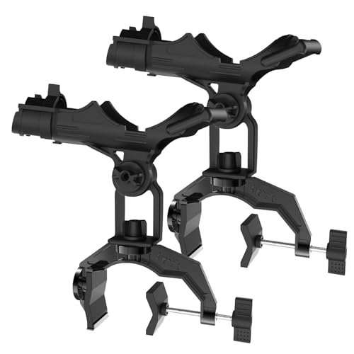 Aluminum Boat Fishing Rod Holder with V-Clamp Mount | 360-degree rotation, V-shaped clamp for round or square rails. Universal open cradle for spinning, casting and fly reels.