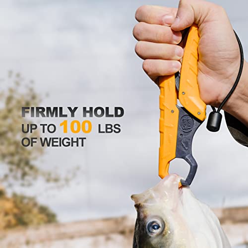 SNAIL TRAIL 7.5'' Floating Fish Gripper, Fishing Grabber | Catfish Mouth Pliers, Caught Bass Holder, Fish Scale Hook Clamp, Saltwater Lip Grip Tool with Lanyard, Gifts for Men - color: Yellow-gray