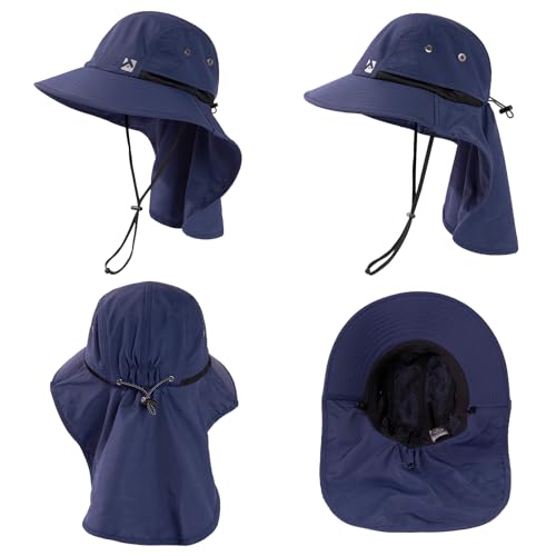 Oversized XL XXL Mens Sun Hat Big Head Neck Flap Shade Waterproof UPF50+ Wide Brim Hat Fishing Safari Hiking - color: Navy, size: Medium-Large
