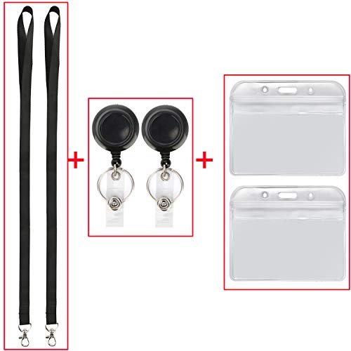 2Pack Black Lanyards with Horizontal ID Badge Holder and Retractable Reel | Lightweight with Clip,for Office,Keys etc - color: 2 Pack-black With Badge Reel and Badge Holder