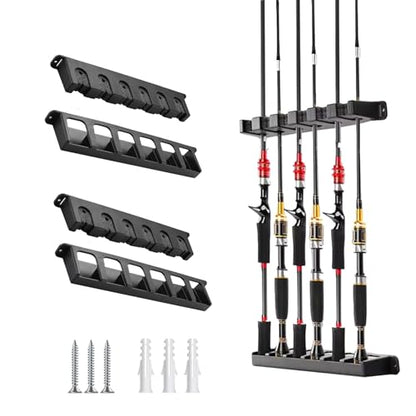 2 Packs Fishing Rod Holder for Garage Vertical Wall-Mounted Stores 12 Rods or Combos Fits Most Rod Diameters (Vertical Black, 2 Pair 12 Rods) - color: Black 2 pairs