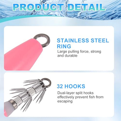 Luminous Squid Jig Hooks, Squid Jigs Saltwater Glow in Dark Dual-Layer Hooks - Fit for Cuttlefish Sleeve Night Fishing - color: Pink