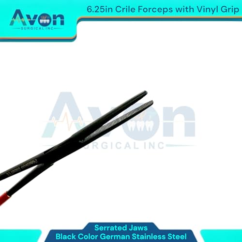 Set of 2pcs Crile Hemostat Forceps 6.25in Black Stainless Steel, Red Vinyl Grip | Multi-Purpose Locking Pliers for Lab, Crafts, Fishing