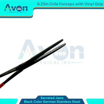 Set of 2pcs Crile Hemostat Forceps 6.25in Black Stainless Steel, Red Vinyl Grip | Multi-Purpose Locking Pliers for Lab, Crafts, Fishing