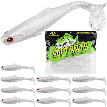 LUCKYFISHING Paddle Tail Swimbaits Soft Plastic Swimbaits Soft Baits for Bass Fishing Trout Crappie Walleye Freshwater Saltwater 10/16/20 PCS Soft Plastic Baits 4/3.5/3/2.5 Inch - color: White, size: 4 inch-10pcs
