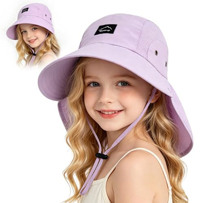 Kids Sun Hat with Detachable Neck Flap for Boys & Girls Wide Brim Fishing Hat for Kids Water Resistant UV Protection - color: 1 Pack-light Purple