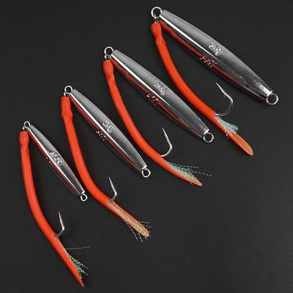 Diamond Jig Saltwater Fishing Lures Casting Jigging Spoon with Tube Tail Stainless Steel Hooks Trolling Lures Striped Bass Metal Jig for Deep Sea Surf Fishing Bottom Dragging Sinking - color: Red, size: 1 oz