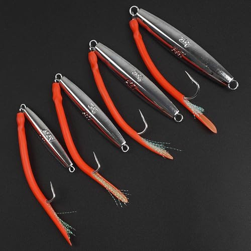 Diamond Jig Saltwater Fishing Lures Casting Jigging Spoon with Tube Tail Stainless Steel Hooks Trolling Lures Striped Bass Metal Jig for Deep Sea Surf Fishing Bottom Dragging Sinking - color: Red, size: 4 oz
