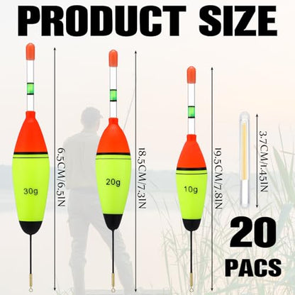 Shappy 6 Pcs Lighted Fishing Bobbers Floats 20 Pcs Glow Sticks Glow in The Dark Light up Slip Fishing Bobbers with Glowing Stick 10g/20g/30g Weight for Night Crappie Walleye Catfish