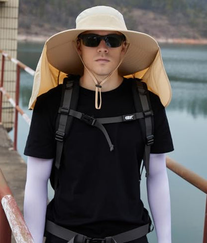 HUAMULAN Women Large Brim Sun Hat with Neck Flap, Men Quick Dry Hiking Fishing Safari Hat UPF 50+ - color: Beige With Mesh Panel