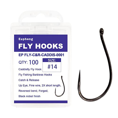 Eupheng Fly Fishing Hooks 100pc Pack Barbless Catch & Release Dry Wet Nymph Shrimp&Pupa, Streamer, Caddis, Jig, Scud Flies Fishing Hooks - color: EP Fly-C&R-CADDIS-0001, size: #14
